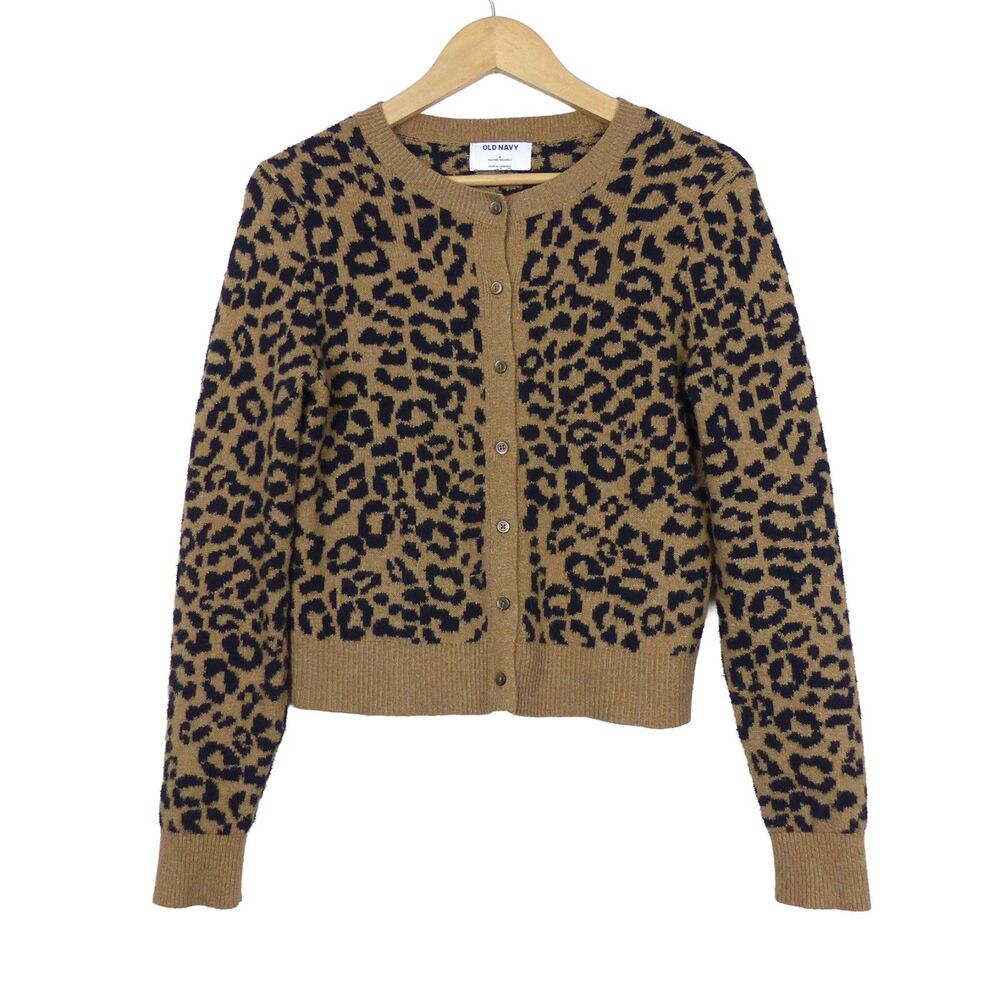 Old Navy SoSoft Cheetah Cardigan Sweater Womens S Brown Cropped Animal Retro